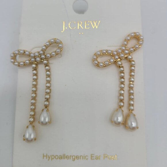 J Crew Factory Delicate Pearl Bow Earrings with Pearl Drops NWT!  NEW! - Picture 1 of 6